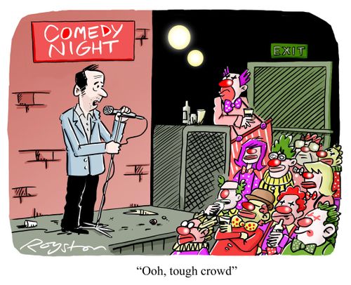 Comedian faces audience of clowns: 'Ooh, tough crowd.'