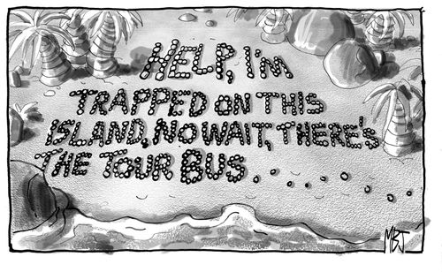 Help! I'm trapped on this Island! No wait, there's the the tour bus...