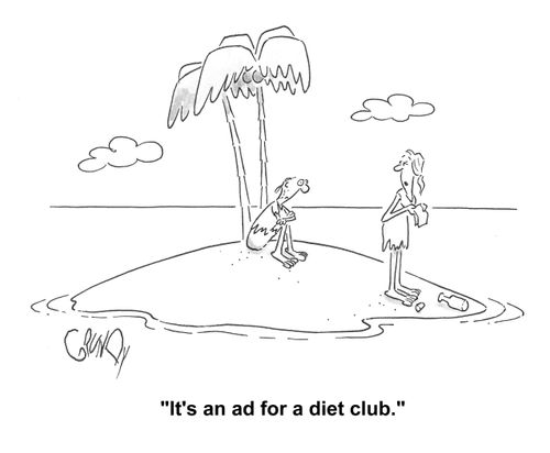 Woman on desert island reads message she finds in a bottle: 'It's an ad for a diet club.'