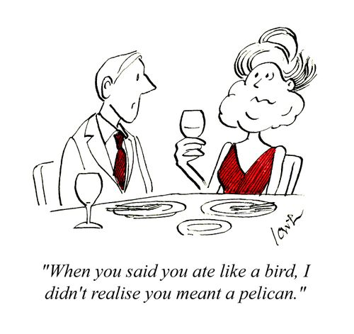 'When you said you ate like a bird, I didn't realise you meant a pelican.'
