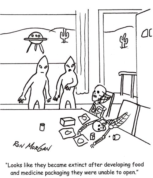 'Looks like they became extinct after developing food and medicine packaging they were unable to open.'
