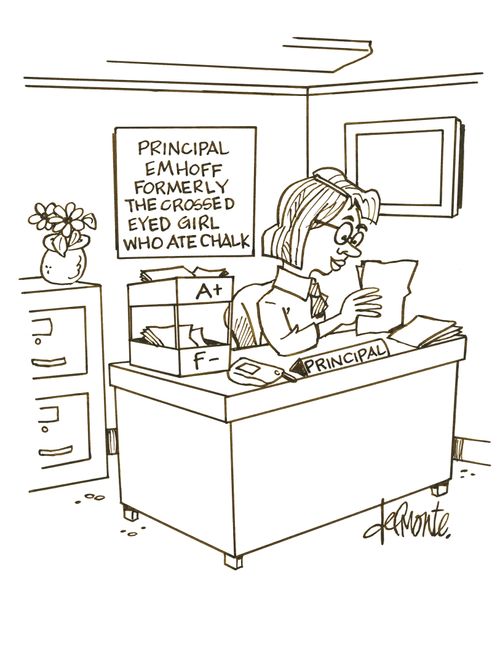 Principal at a desk has a sign on wall: Principal Emhoff Formerly The Crossed Eyed Girl Who Ate Chalk.