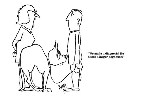 'We made a diagnosis!  He needs a larger doghouse!'