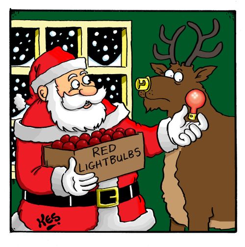 Santa picks out a suitable light bulb for Rudolph's nose.