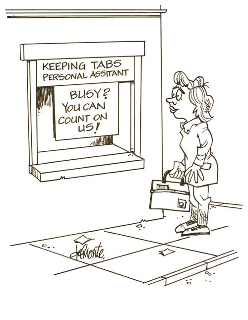 Business woman sees a sign in the window of 'Keeping Tabs' personal assistant : Busy? you can count on us!