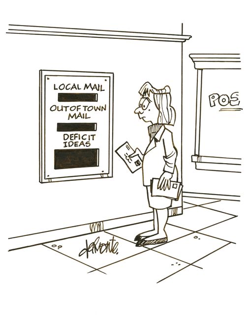 Woman at mail boxes which are marked: Local Mail Out - Of Town Mail - Deficit Ideas.