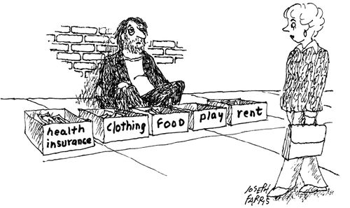 Beggar with boxes for different expenditures.