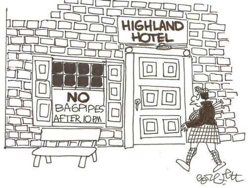 Highland Hotel;  NO bagpipes after 10 PM