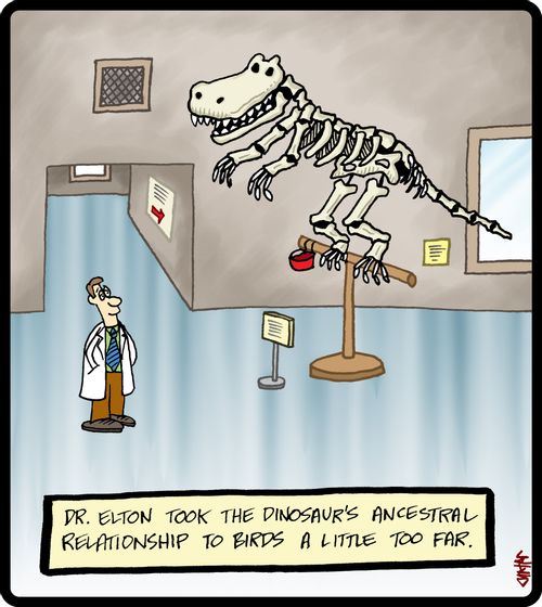 Dr. Elton took the dinosaur's ancestral relationship to birds a little too far.