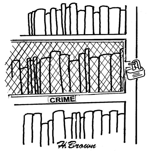 Crime books are under lock and key in a library.