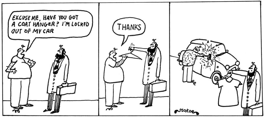'Excuse me, have you got a coat hanger? I'm locked out of my car.'