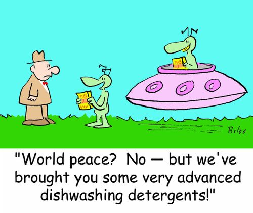 'World peace? No -- but we've brought you some very advanced dishwashing detergents!'