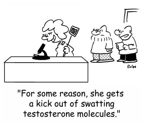 'For some reason, she gets a kick out of swatting testosterone molecules.'