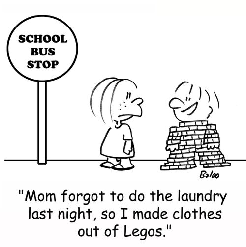 'Mom forgot to do the laundry last night, so I made clothes out of Legos.'