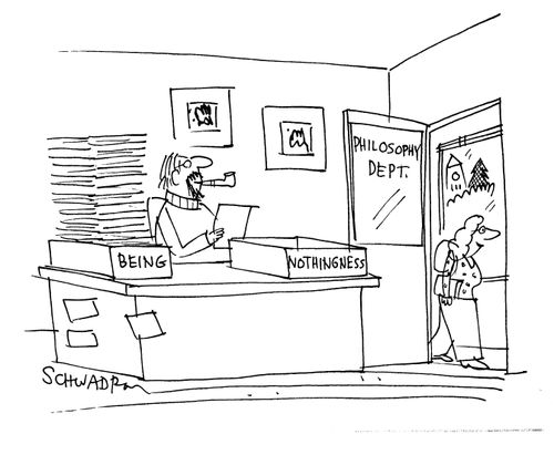 Philosophy department office with two boxes on desk - 'being' and 'nothingness'.