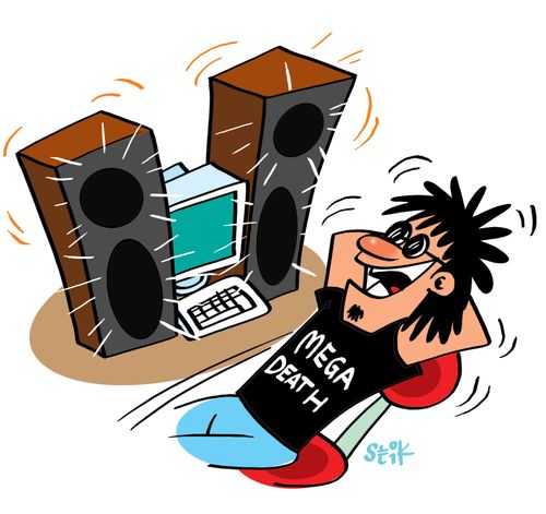 Heavy metal fan enjoys his PC's sound system.