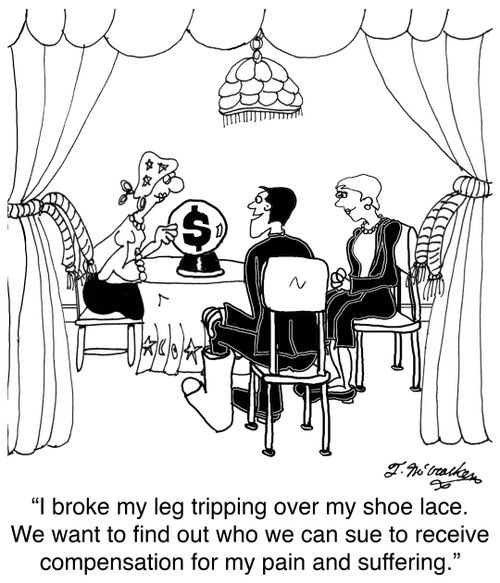 'I broke my leg tripping over my shoe lace. We want to find out who we can successfully sue to receive compensation for my pain and suffering.'