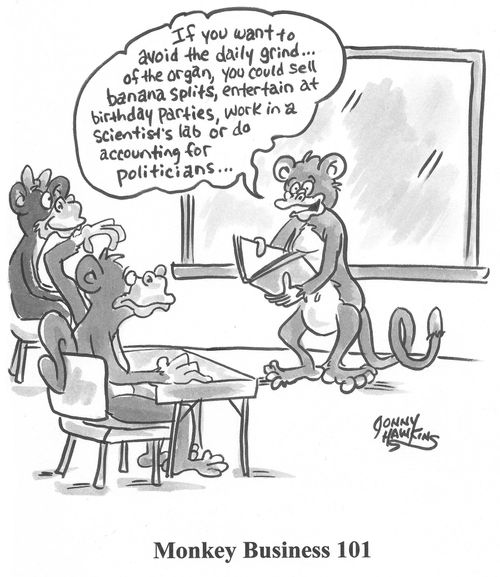 'If you want to avoid the daily grind...of the organ, you could sell banana splits, entertain at birthday parties, work in a scientists lab or do accounting for politicians...'