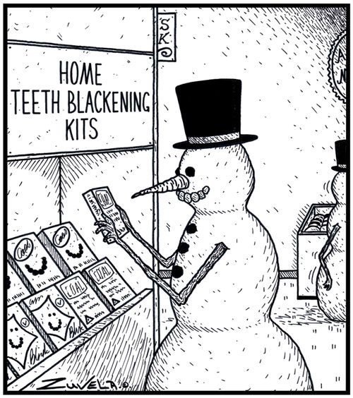  A Snowman checking out some products for blacken his teeth