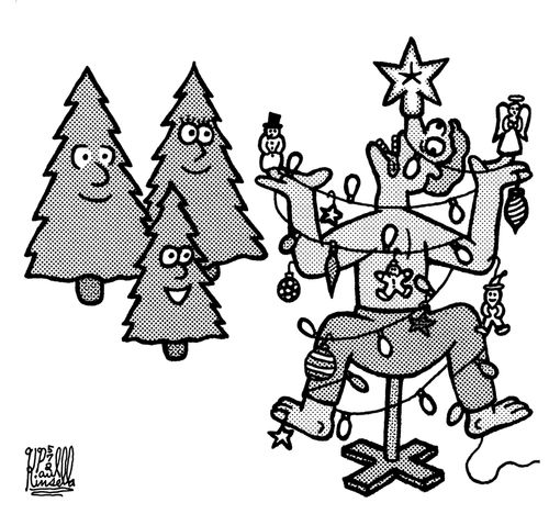 Christmas trees decorating a dead human.