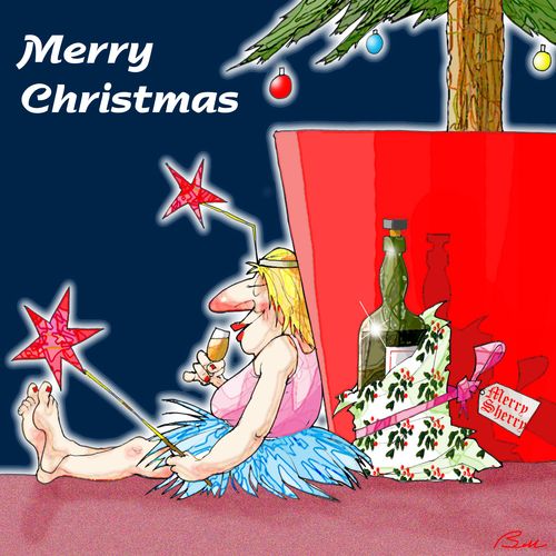 'Merry Christmas' Relaxed fairy drinking alcoholic present