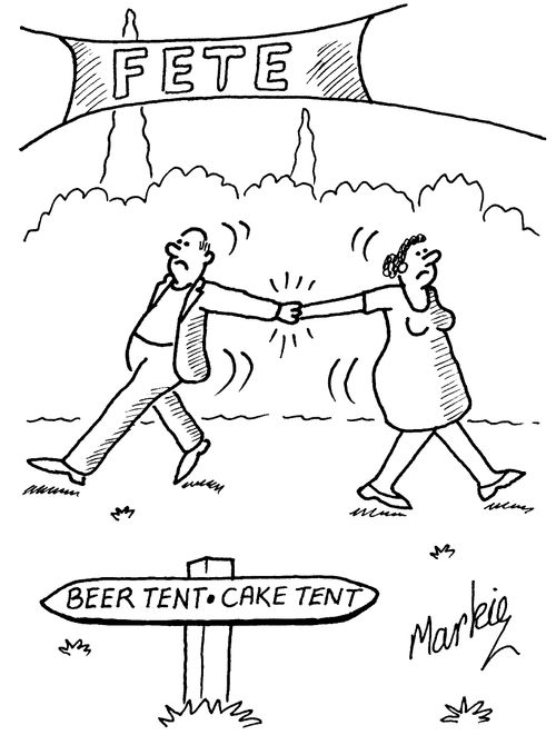 'Fete' Man going towards 'Beer tent' Woman going towards 'Cake tent'