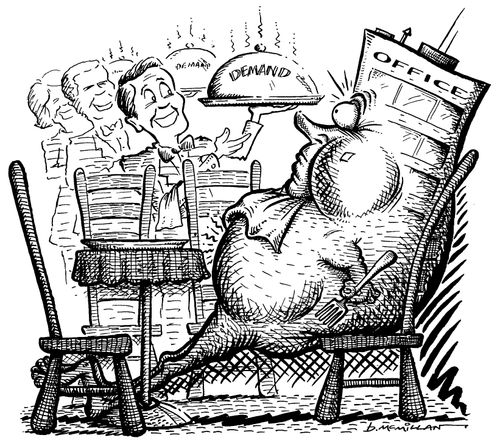 Very fat 'Office' facing more waiters with trays of demand