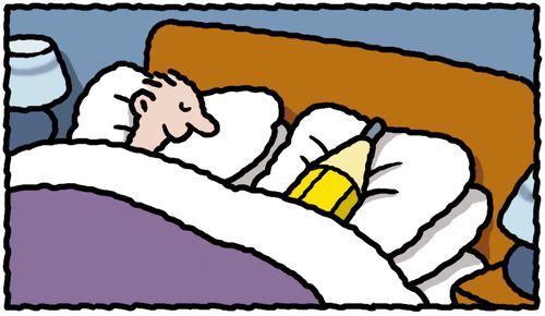 'Man asleep in double bed with a pencil.'