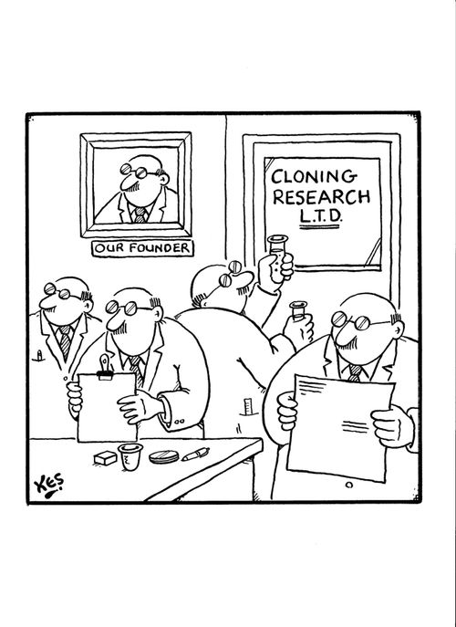Scientists in cloning research lab all look like company founder's portrait.