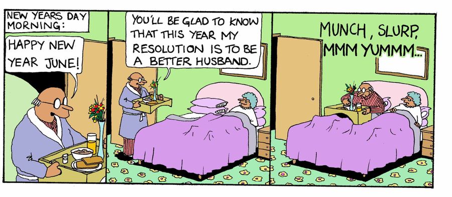 Man's New Year's resolution is to be a better husband...then proceeds to eat the breakfast he's bought to his wife in bed.
