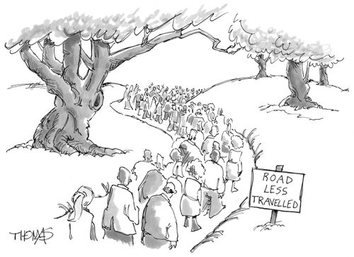 Road less travelled filled with people.