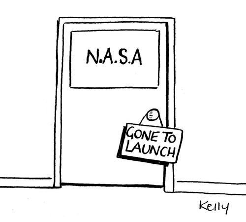 NASA sign on door reads 'Gone to launch'.