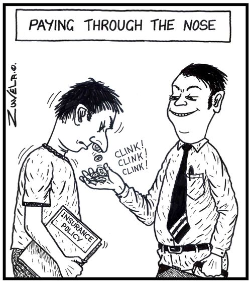 Paying through the nose (a guy handing over his insurance money out of his nose).