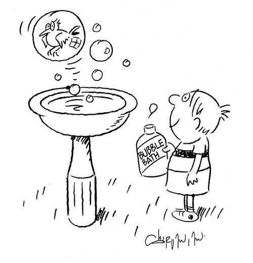 A bird is trapped inside a bubble and is floating away.