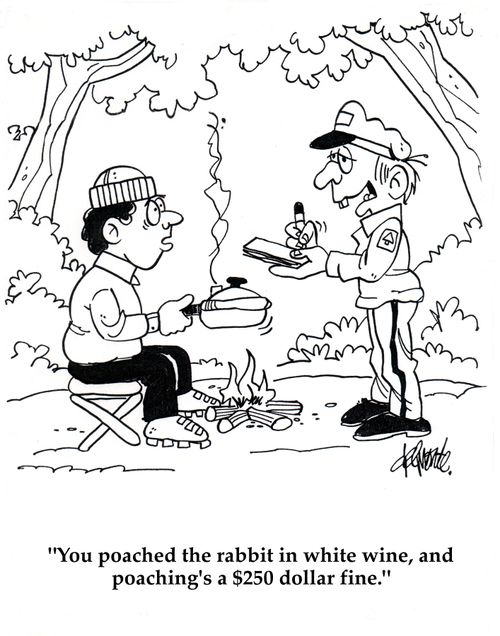 'You poached the rabbit in white wine, and poaching's a $250 dollar fine.'