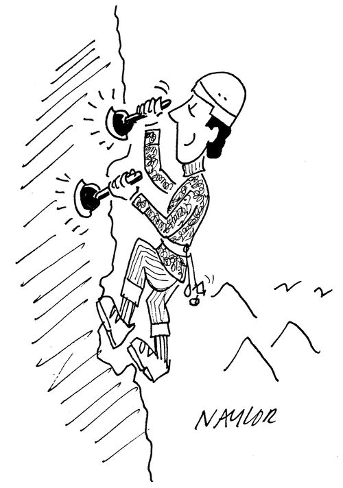 Man climbing mountain with sink plungers.