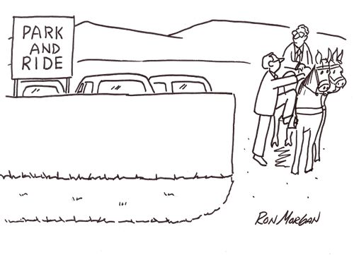 Businessmen park their cars and mount horses at Park And Ride.