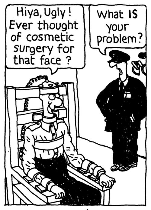 'Hiya, Ugly! Ever thought of cosmetic surgery for that face?' 'What IS your problem?'