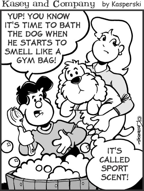 'You know it's time to bath the dog when he starts to smell like a gym bag!'