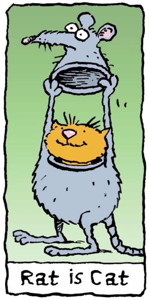 Cat in a rat suit with caption 'Rat is Cat'.