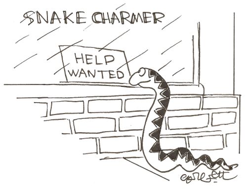 SNAKE CHARMER: snake reads 'help wanted' ad.