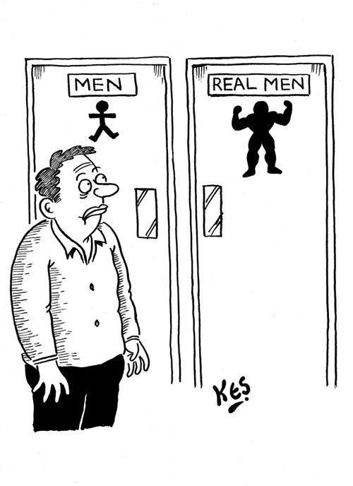 A man going to the toilet sees two doors, one is labeled 'MEN', the other, 'REAL MEN'.