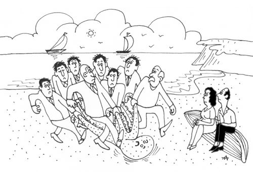 Eight men fight over an octopus as a couple watch.