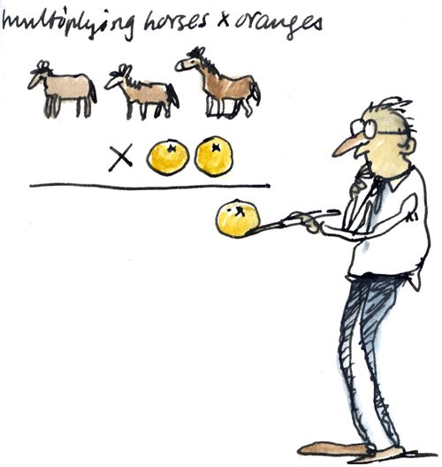 A teacher trying to multiply horses by oranges.