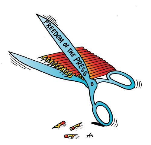 Freedom of the Press being attacked by scissors.