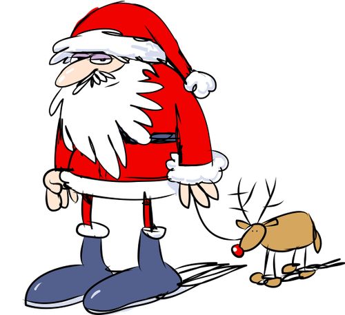Santa with a miniature reindeer on a lead.