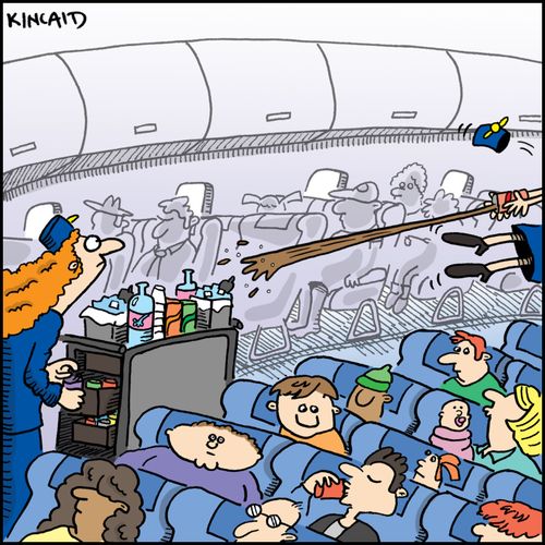 Flight attendant opens a carbonated drink with disastrous results.
