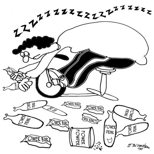 A women sound asleep on her exercise bike clutches an energy bar while the floor is littered with empty energy drinks, energy bars, and energy powder containers.