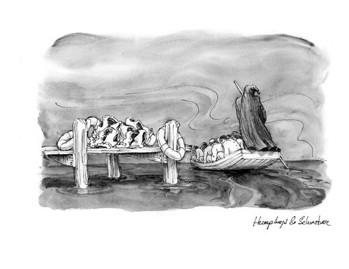 Charon ferries the newly deceased from the world of the living to the world of the dead.