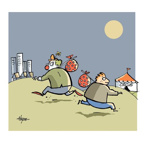 Boy running away to join circus, clown running away to city.